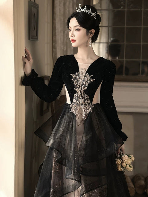 A-line Black Tulle with Lace Applique Party Dress, Black Velvet Long Sleeves Prom Dress