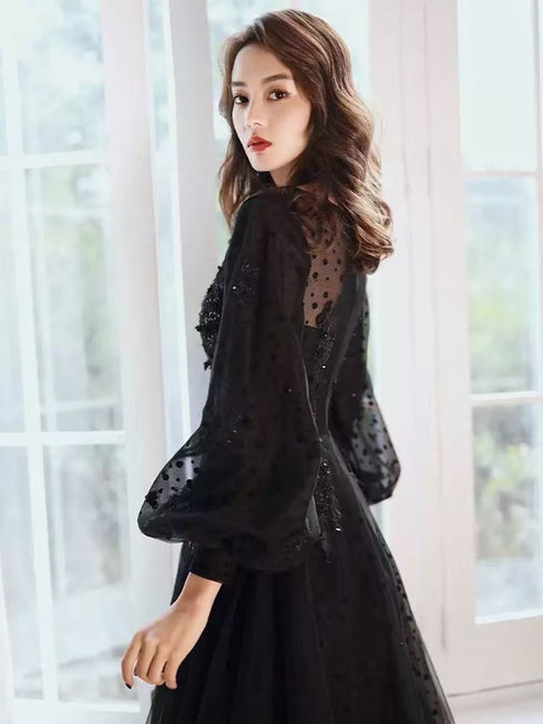 Black Tulle Puffy Long Sleeves Party Dress with Beadings, Black Tulle Prom Dress
