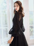 Black Tulle Puffy Long Sleeves Party Dress with Beadings, Black Tulle Prom Dress