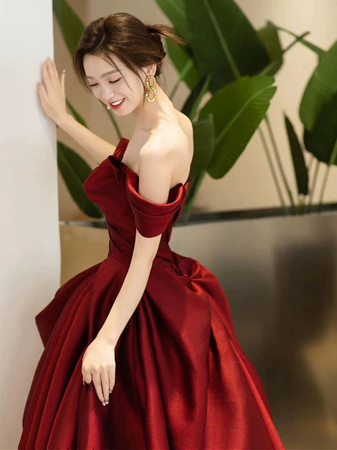 Wine Red Satin Sweetheart Off Shoulder Party Dress With Bow, Wine Red Satin Prom Dress