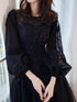 Black Tulle Puffy Long Sleeves Party Dress with Beadings, Black Tulle Prom Dress