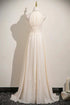 Light Champagne Halter Beaded A-line Prom Dress, Light Champagne Floor Length Party Dress