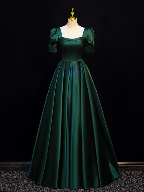 A-line Green Satin Short Sleeves Floor Length Party Dress, Green Satin Prom Dress