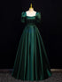 A-line Green Satin Short Sleeves Floor Length Party Dress, Green Satin Prom Dress