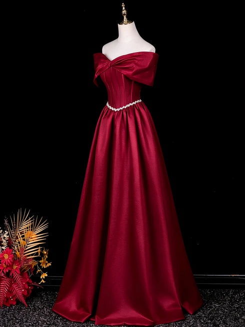 Wine Red Satin A-line Long Prom Dress with Beadings, Wine Red Off Shoulder Floor Length Party Dress