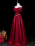 Wine Red Satin A-line Long Prom Dress with Beadings, Wine Red Off Shoulder Floor Length Party Dress