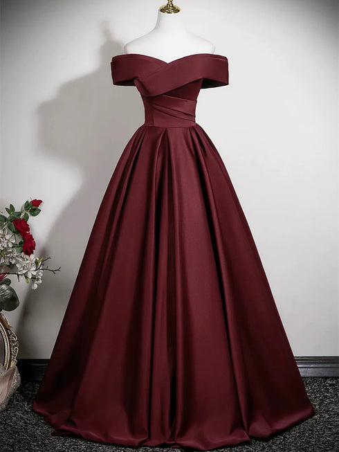 Wine Red Off Shoulder A-line Satin Floor Length Party Dress, Wine Red Long Evening Dress