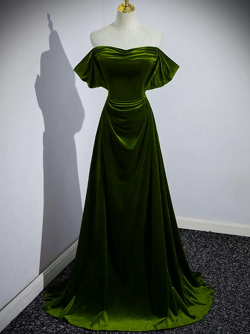 A-line Green Velvet Off Shoulder Prom Dress, Green Velvet Party Dress Evening Dress