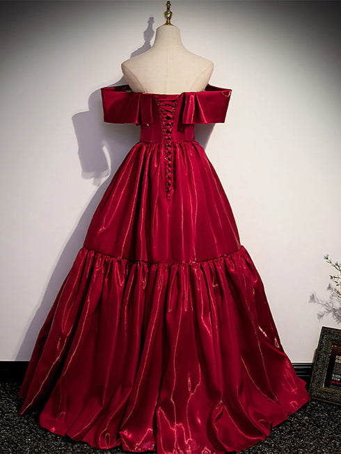 Wine Red Off Shoulder Satin A-line Party Dress, Wine Red Satin Prom Dress Evening Dress