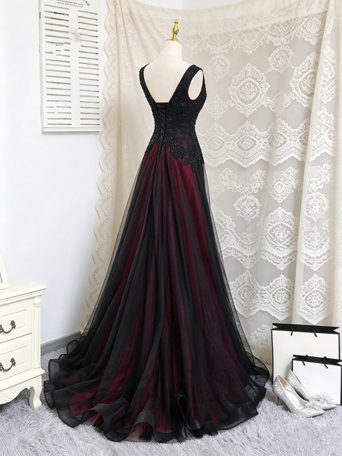 Gothic Black and Red V-neckline Long Formal Dress, A-line Black and Red Prom Dress with Lace Applique