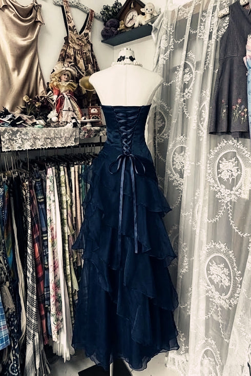 A-line Navy Blue Organza Layers Strapless Prom Dress with Lace, Navy Blue Floor Length Formal Gown