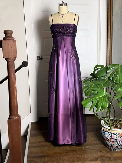 Lovely Purple Satin and Tulle Straps Long Party Dress, A-line Floor Length Prom Dress