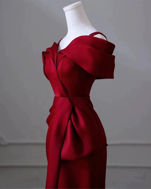 Wine Red Mermaid Satin Off Shoulder Party Dress, Wine Red Satin Prom Dress