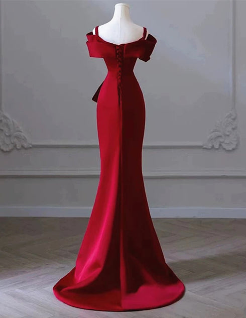 Wine Red Mermaid Satin Off Shoulder Party Dress, Wine Red Satin Prom Dress