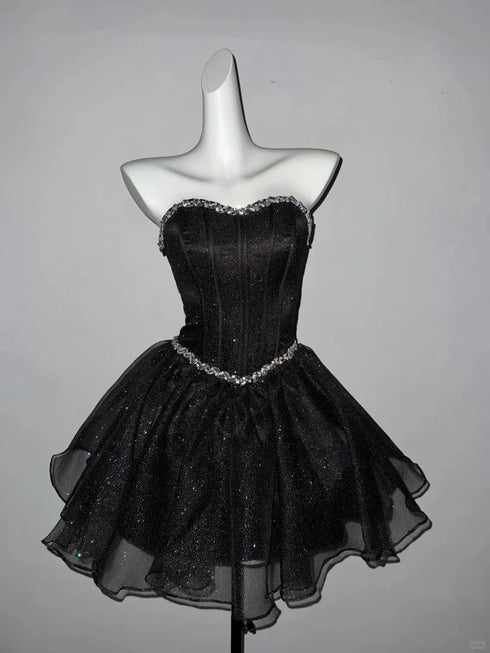 Black Tulle Beaded Sweetheart Lace-up Short Prom Dress, Black Shiny TullE Homecoming Dress