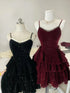 Lovely Velvet Short Party Dress with Lace, Straps Velvet Homecoming Dress