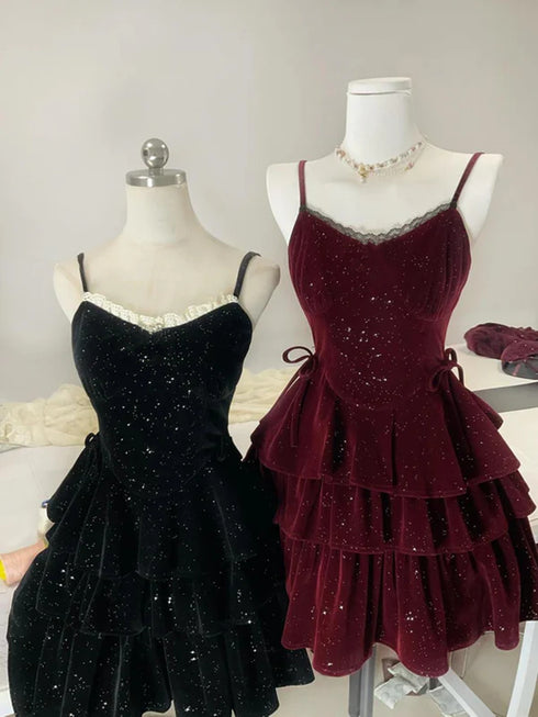 Lovely Velvet Short Party Dress with Lace, Straps Velvet Homecoming Dress