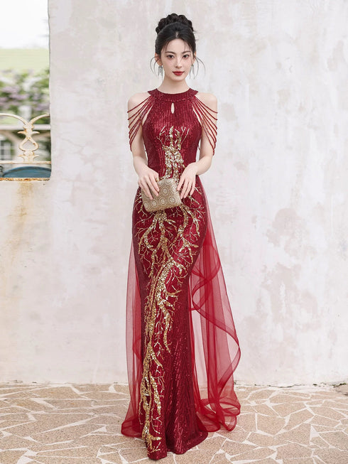 Wine Red Sequins Mermaid Long Party Dress with Lace, Wine Red Long Prom Dress