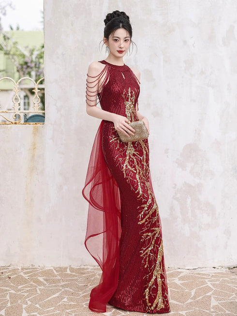 Wine Red Sequins Mermaid Long Party Dress with Lace, Wine Red Long Prom Dress