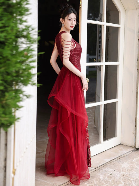 Wine Red Sequins Mermaid Long Party Dress with Lace, Wine Red Long Prom Dress