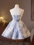 Light Blue Floral Strapless Knee Length Party Dress, Light Blue Beaded Homecoming Dress