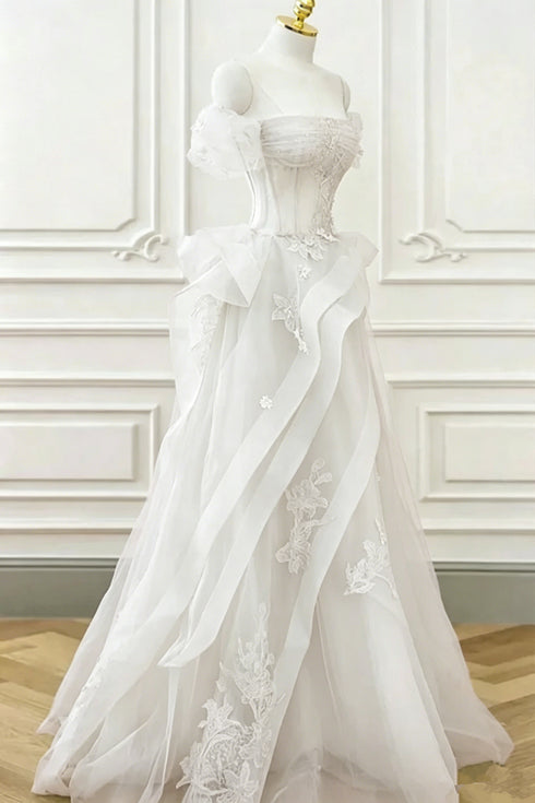 White A-line Off Shoulder Floor Length Prom Dress, Sweetheart Tulle Long Evening Dress Party Dress