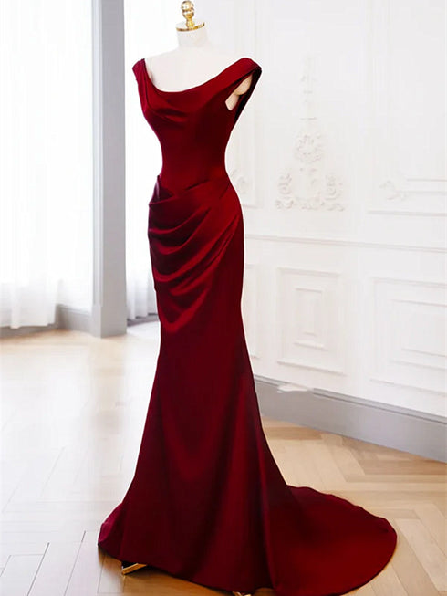 Wine Red Satin Mermaid Long Evening Dress, Wine Red Satin Floor Length Prom Dress