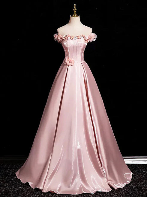 Pink Satin Off Shoulder Flowers Long Prom Dress, Pink Satin Sweetheart Party Dress