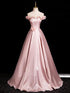 Pink Satin Off Shoulder Flowers Long Prom Dress, Pink Satin Sweetheart Party Dress