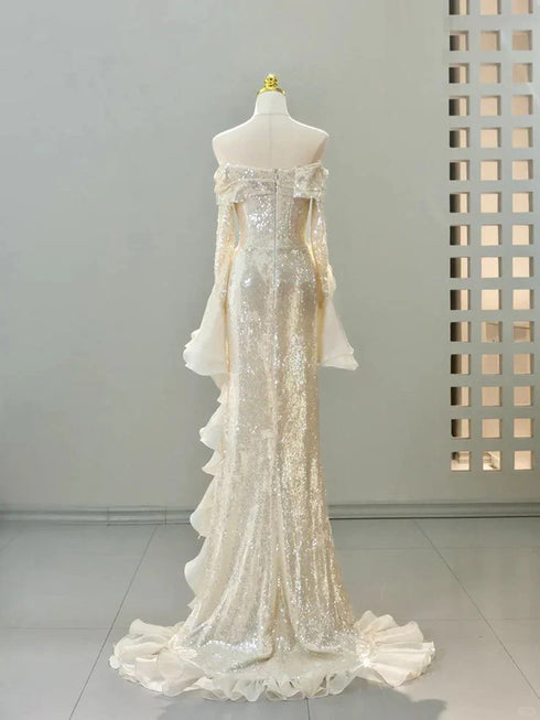 Light Champagne Sequins Evening Dress with Sleeves, Ruffle Sequins Long Formal Dress