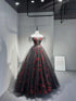 A-line Off Shoulder Tulle Black and Red Formal Dress, Floral Black and Red Party Dress