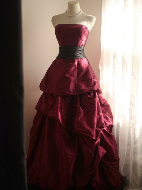 Wine Red Strapless Tiered Taffeta Evening Dress Party Dress, Wine Red Ball Gown Prom Dress