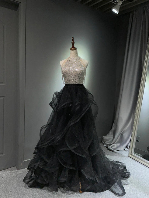 Lovely Tulle Beaded And Sequins A-Line Party Dress, Black Tulle Prom Dress Evening Dress