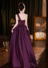 Purple A-line Satin One Shoulder Floor Length Party Dress, Purple Prom Dress with Bow