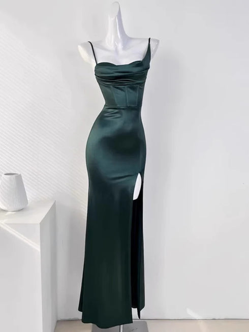 Green Satin Mermaid Straps Long Party Dress with Leg Slit, Green Satin Evening Dress Prom Dress