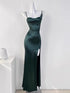 Green Satin Mermaid Straps Long Party Dress with Leg Slit, Green Satin Evening Dress Prom Dress