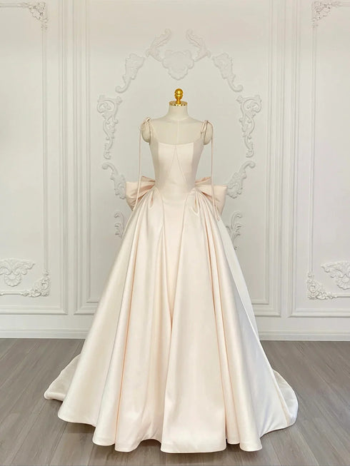 Champagne A-line Satin Straps Long Party Dress, Champagne Satin Prom Dress Evening Dress