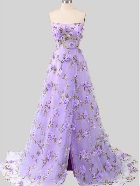 Light Purple A-line Straps Cross Back Long Party Dress, Light Purple Floral Prom Dress
