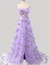 Light Purple A-line Straps Cross Back Long Party Dress, Light Purple Floral Prom Dress