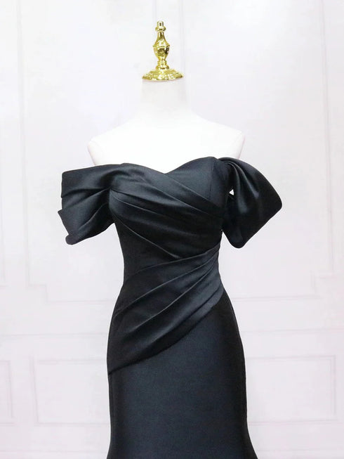 Black Mermaid Satin Off Shoulder Party Dress, Black Satin Mermaid Evening Dress Prom Dress