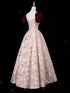 A-line Pink Floral Beaded Short Sleeves Prom Dress, Pink Floor Length Evening Dress