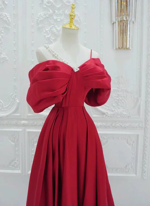 Pretty Red A-line Simple Long Party Dress, Red Satin Prom Dress