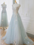A-line Blue Strapless Lace Formal Prom Dress, Light Blue Sweetheart Party Dress