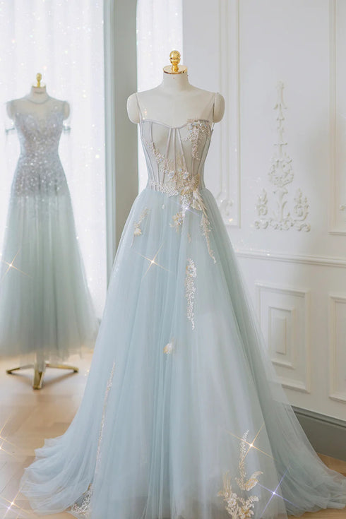 A-line Blue Strapless Lace Formal Prom Dress, Light Blue Sweetheart Party Dress