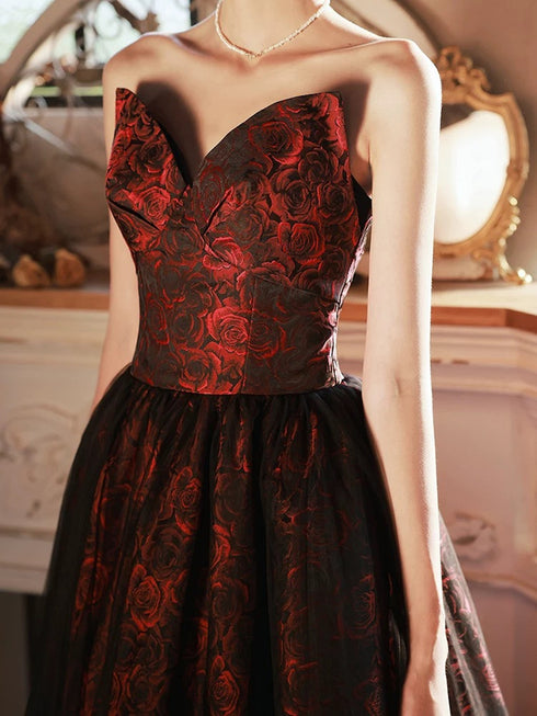 A-line V-neckline Floral Satin Black and Red Party Dress, Strapless Long Prom Dress