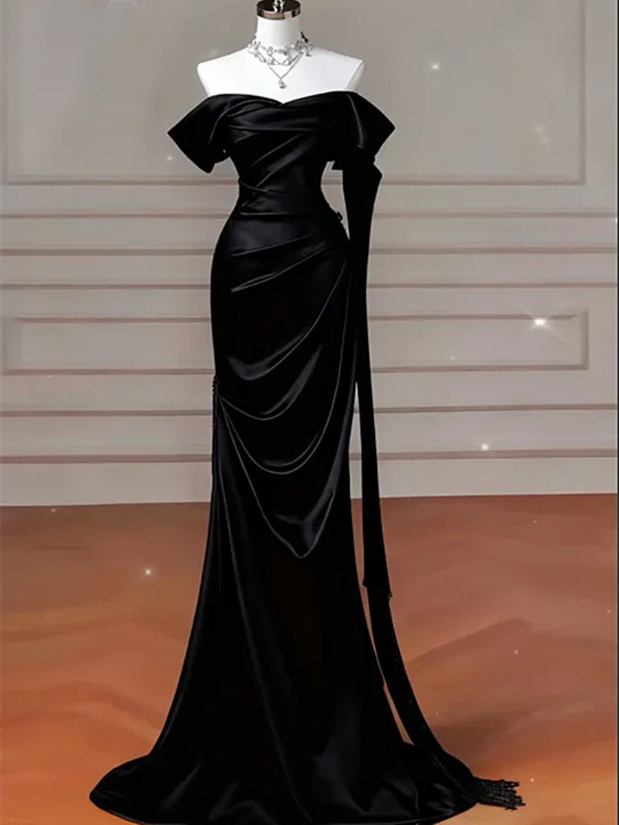 Black Satin Off Shoulder Sweetheart Long Formal Dress, Black Satin Lon