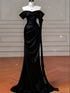 Black Satin Off Shoulder Sweetheart Long Formal Dress, Black Satin Long Evening Dress