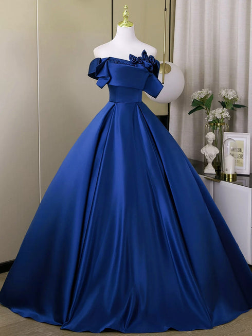 Blue Satin Flowers Long Prom Dress Evening Dress, Blue Satin Off Shoulder Formal Dress