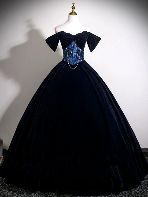 Navy Blue Velvet Off Shoulder Floor Length Party Dress, Navy Blue Lace Long Prom Dress