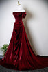 Wine Red Satin Off Shoulder A-line Evening Dress, Wine Red Satin Prom Dress